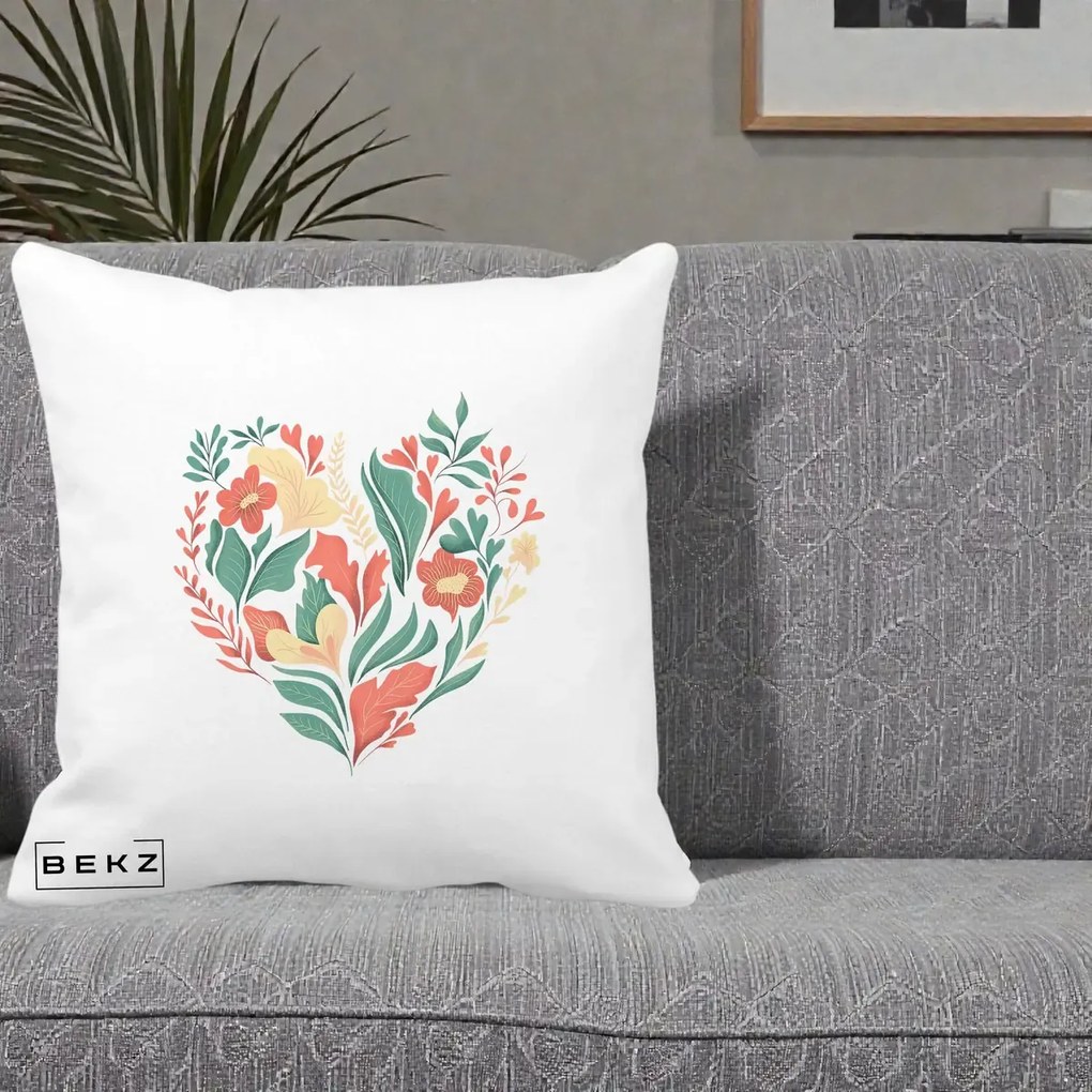 Perna Decorativa Inima Florala Botanica, 40x40 cm, Alba Mata, Husa Detasabila, Perna Inclusa, BEKZ®