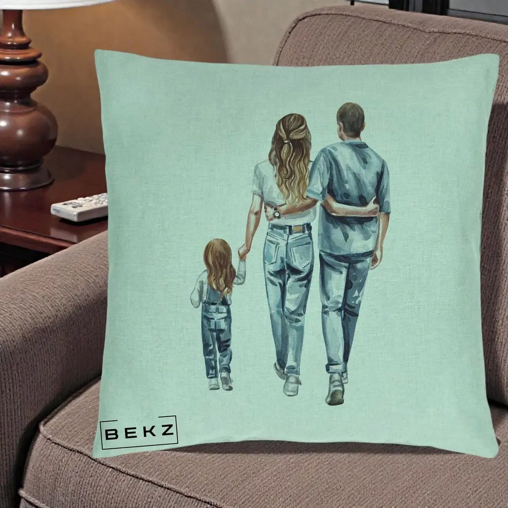 Cadou pentru Familie - Perna Personalizata Familie Acuarela Jeans, 40x40 cm, Verde Menta, Husa Detasabila, Perna Inclusa, BEKZ®
