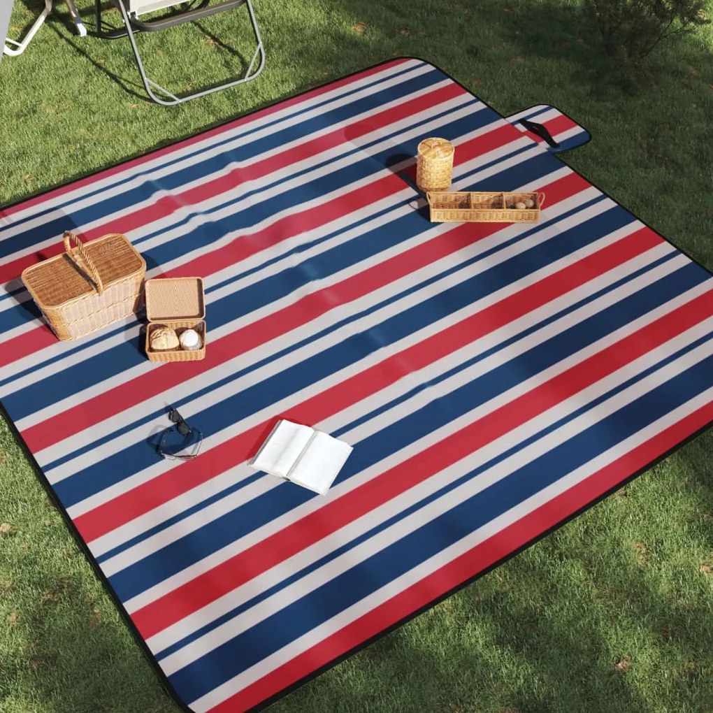 Patura picnic pliabila, dungi rosu albastre, 200x200 cm catifea