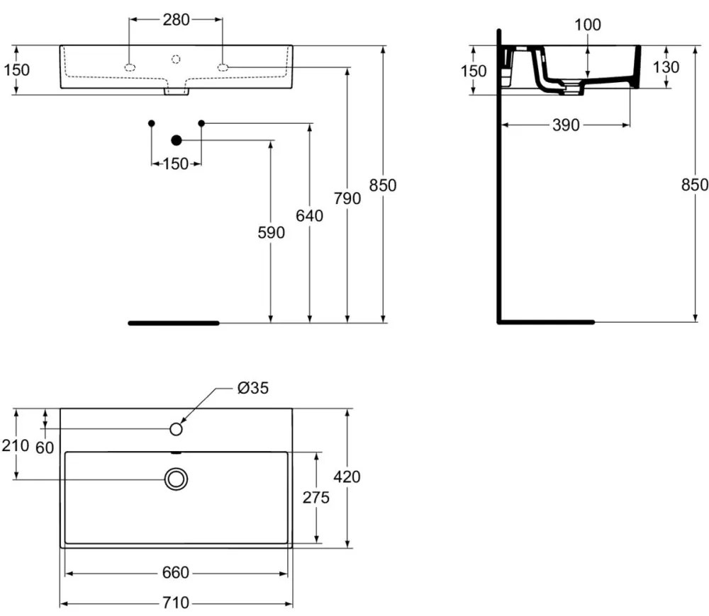 Lavoar pe blat alb 71 cm, dreptunghiular, orificiu baterie, Ideal Standard Strada 710x420 mm