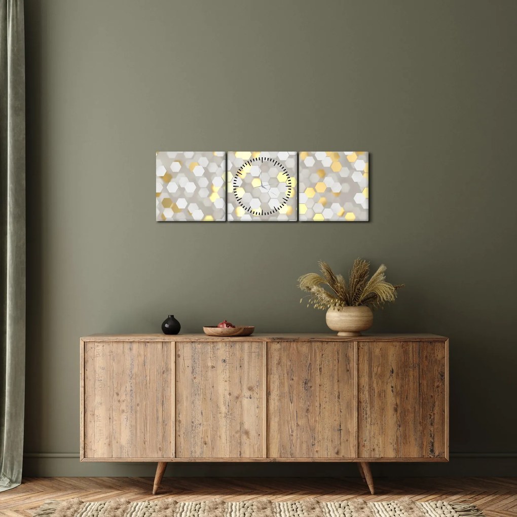Tablou - Hexagoane alb - auriu (cu ceas) (90x30 cm)