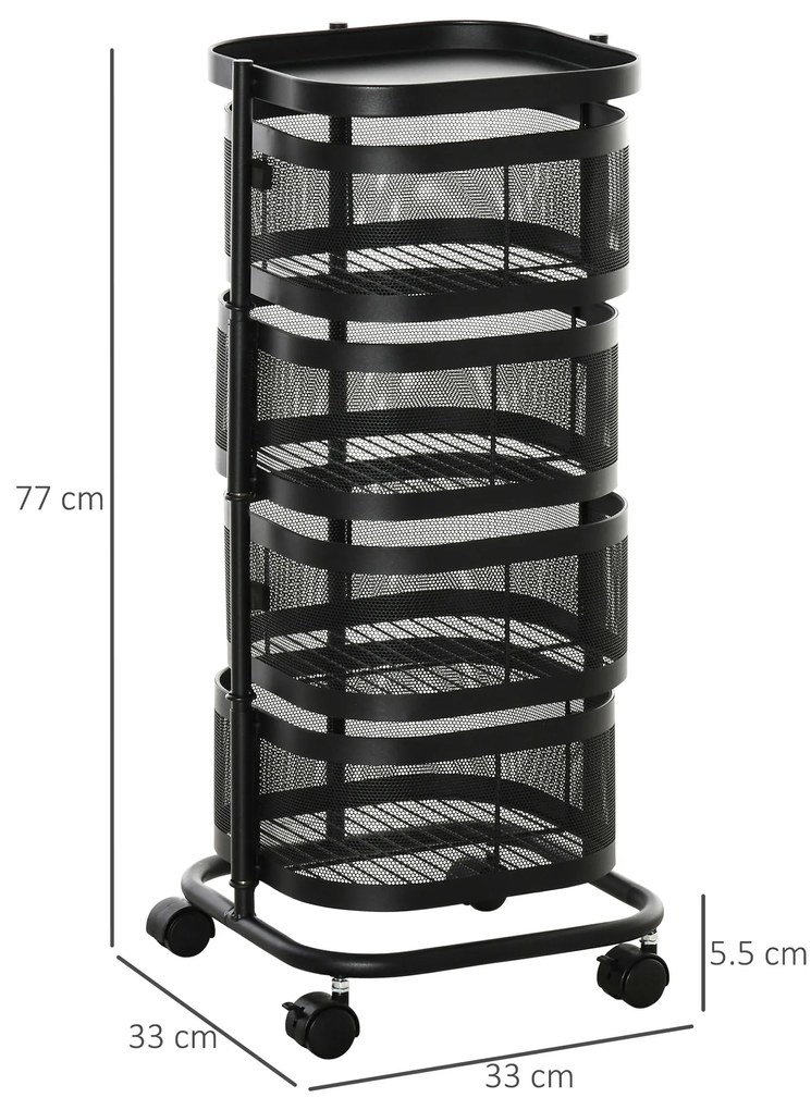 Carucior utilitar rulant cu cosuri metalice rotative, 4 niveluri de depozitare, otel si plastic PP, Negru 33x33x77cm HOMCOM | Aosom Romania