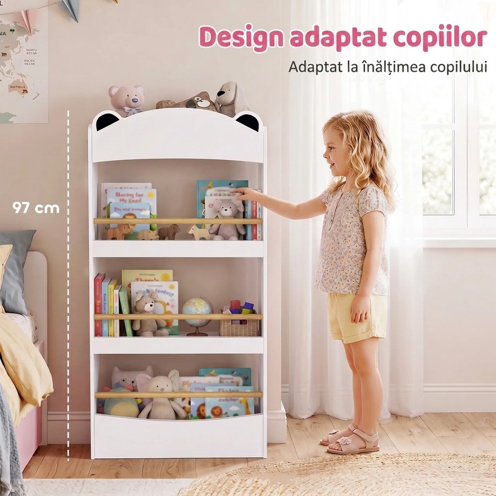 AIYAPLAY Bibliotecă Montessori pentru Copii 3-8 Ani, Ursuleț, cu 4 Polițe din Lemn, 50x15x97 cm, Alb | Aosom Romania