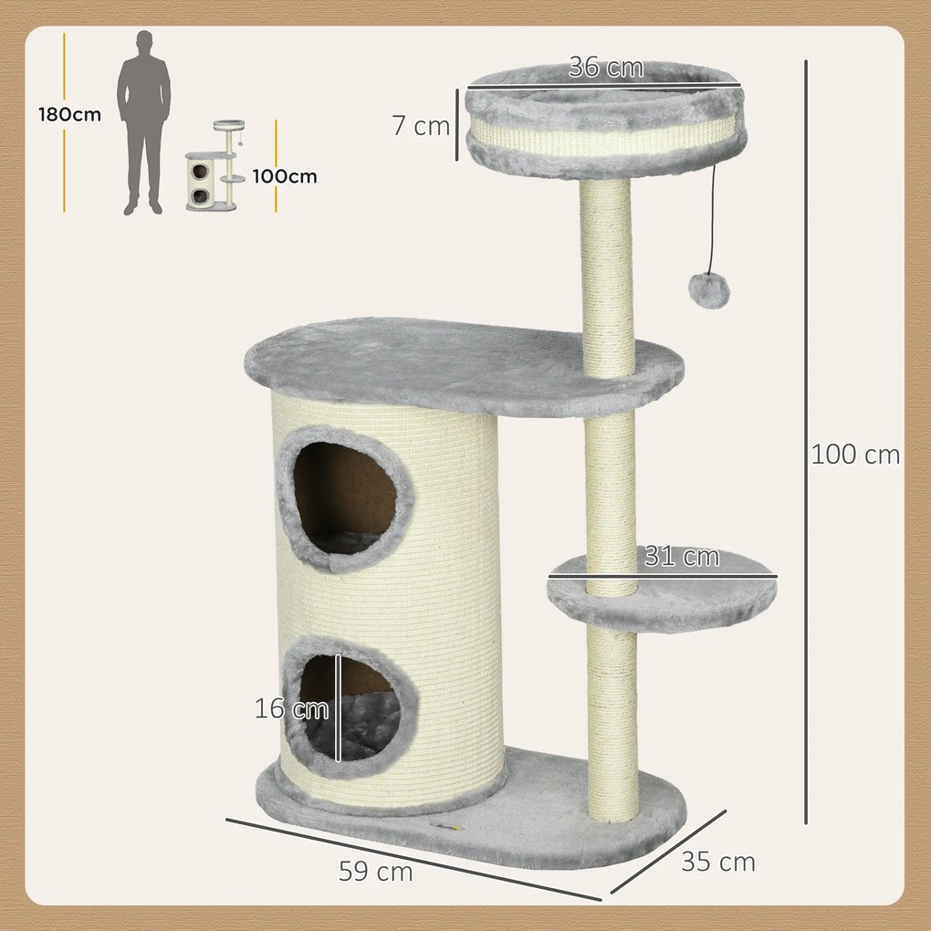 PawHut Copac de Zgariat pentru Pisici, Stalpi din Sfoara de Sisal, Plus Moale, Design Multifunctional, Jucarie cu Minge, Gri, 59x35x100 cm | Aosom Romania