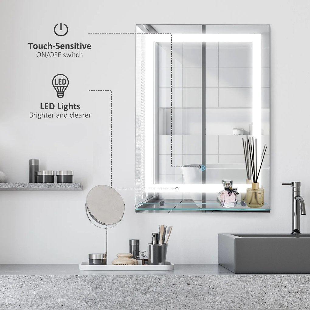 Oglinda de Baie LED touch cu raft modern pentru bai turcesti 70 x 50 cm Argintiu kleankin | Aosom RO