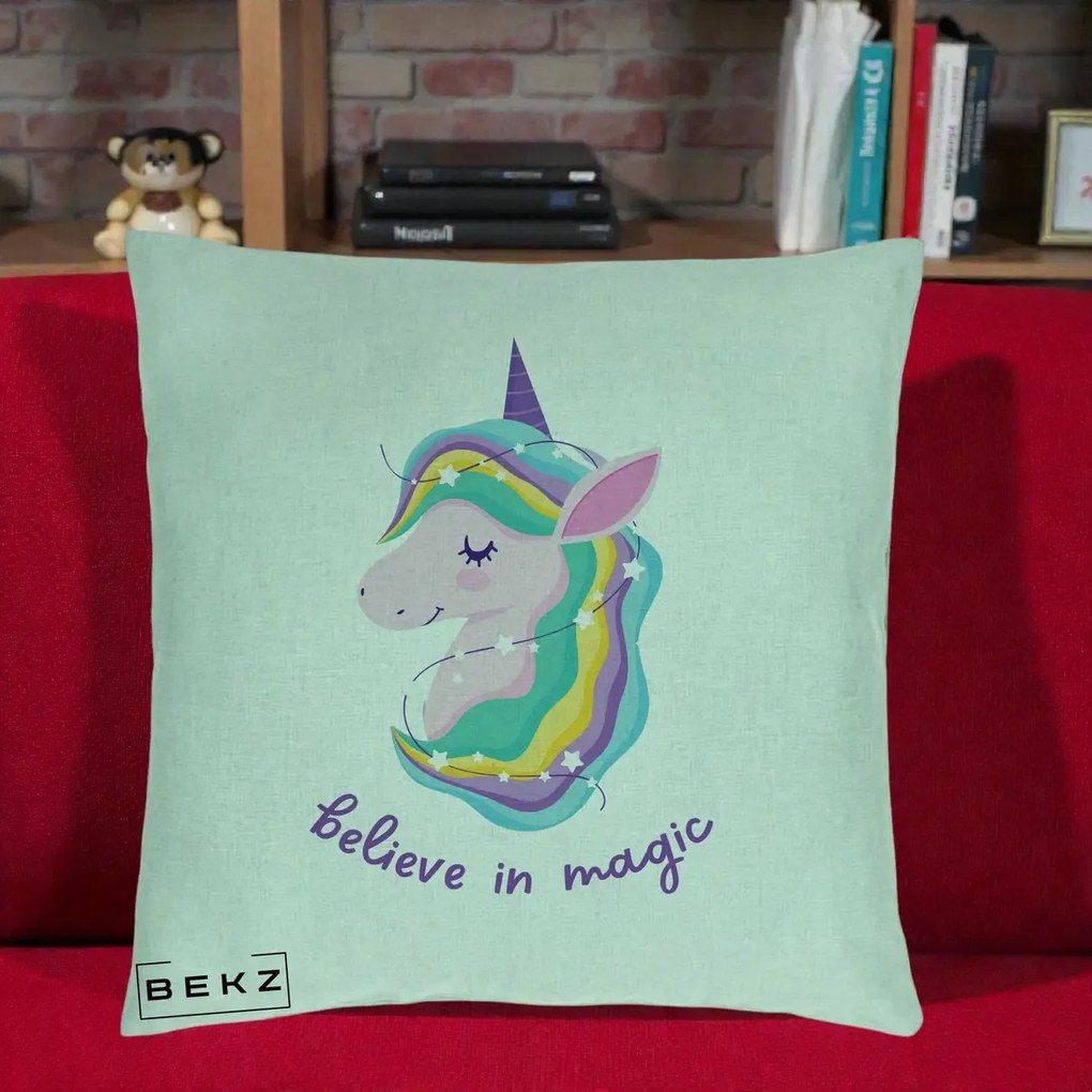 Perna Decorativa Unicorn Believe in Magic, 40x40 cm, Verde Menta, Husa Detasabila, Perna Inclusa, BEKZ®