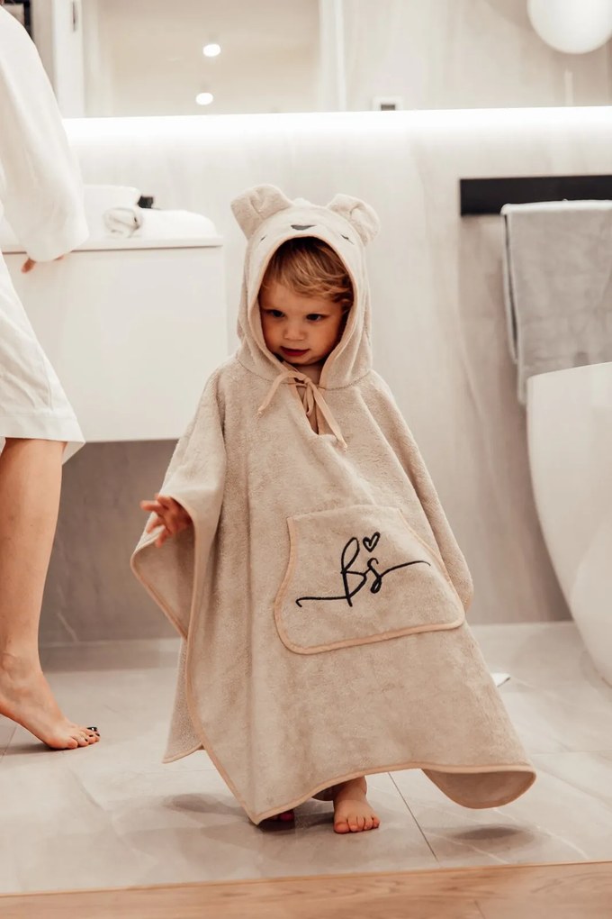 Prosop din fibra de bambus cu gluga si buzunar pentru bebelusi si copii, Poncho Teddy, Beige, 73x58 cm