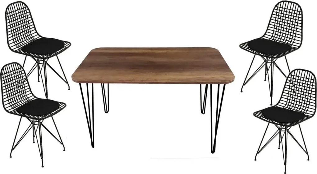Set masa cu 4 scaune metal, Dream Homs, nuc/negru 70 x 110 cm