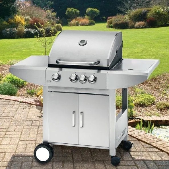 Grătar de grădină pe gaz din inox cu arzător lateral WELLINGTON + rotisor electric GRATUITĂ