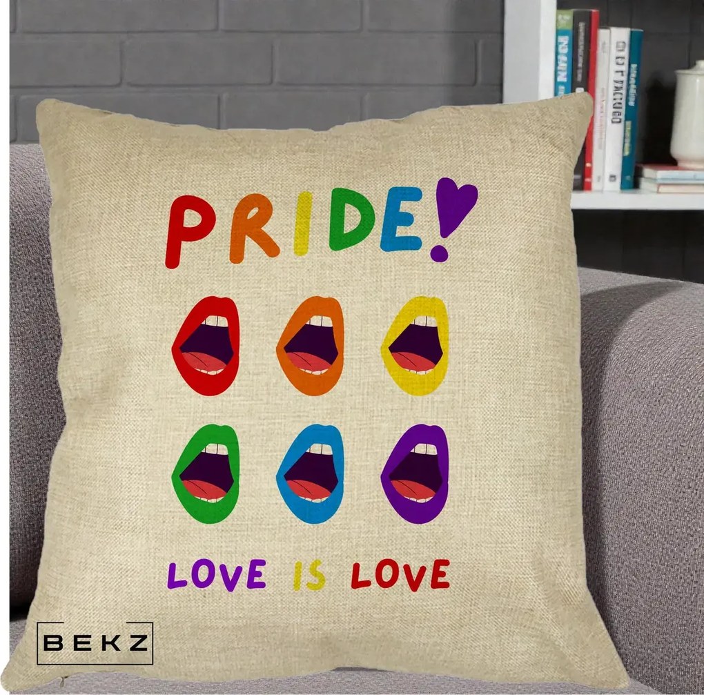 Perna Personalizata Pride Love is Love Curcubeu, 40x40 cm, Crem, Husa Detasabila, Perna Inclusa, BEKZ®