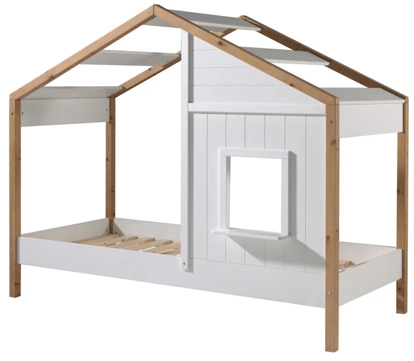 Pat Căsuță pentru Copii, 90x200 cm, Alb/Natural (Pin Masiv și MDF) – Babs – Vipack