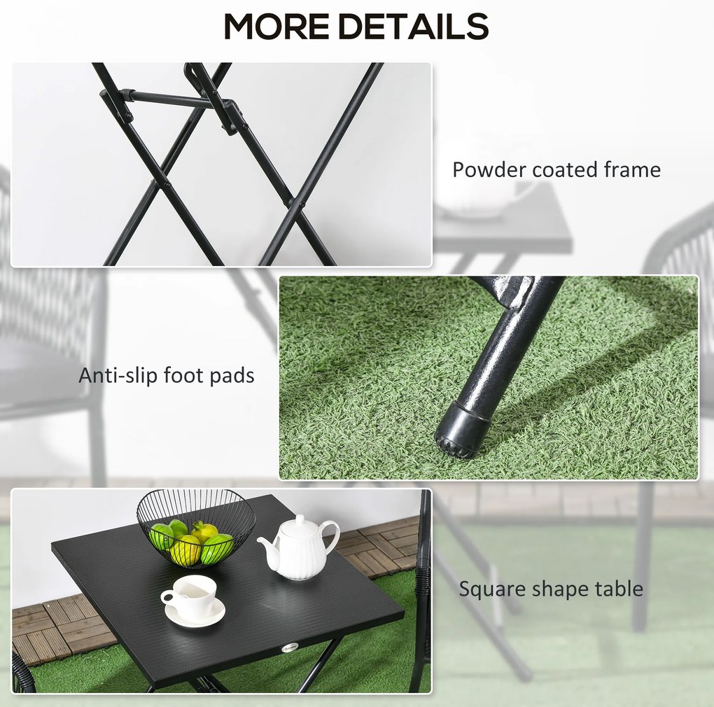 Outsunny Măsuță de Cafea Pliabilă Pătrată cu Picioare Antiderapante, Măsuță de Cafea Exterioară din Oțel, 60x60x71 cm, Negru
