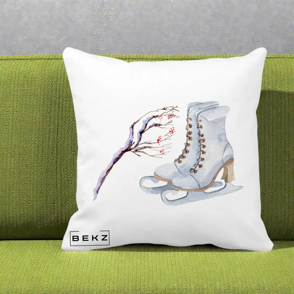 Perna Decorativa Patine cu Ramuri Inzapezite, 40x40 cm, Alba Mata, Husa Detasabila, Perna Inclusa, BEKZ®
