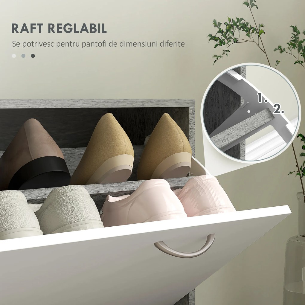 HOMCOM Mobilier Hol, 3 piese, cu Raft pentru Haine, Oglindă, 6 Cârlige, 2 Rafturi și Sertare, 90x24x177 cm, Gri | Aosom Romania