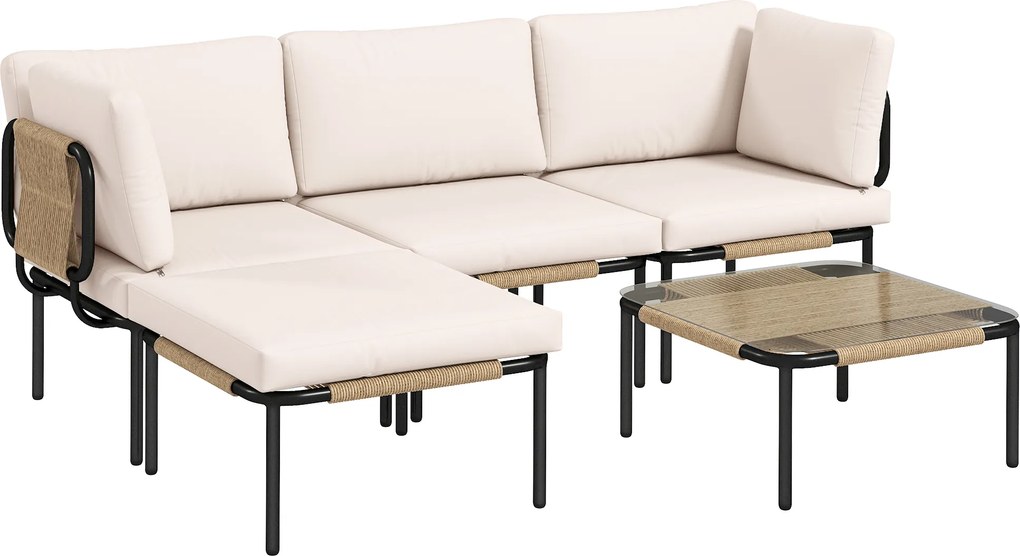 Outsunny Set mobilier gradină din polyrattan 5 piese Set lounge cu 3 fotolii masă cu sticlă taburet scaune late și adânci perne detașabile | Aosom Romania
