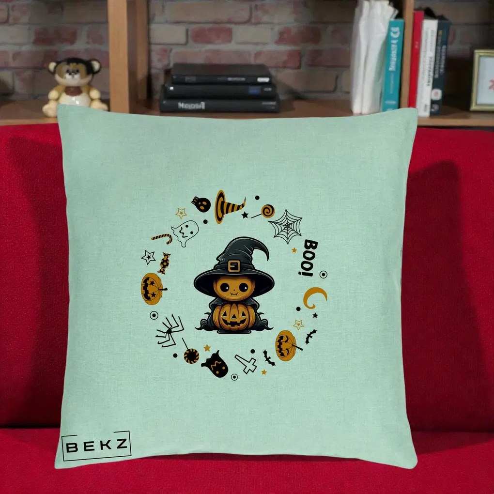 Perna Decorativa Halloween Dovleac Vrajitor Boo cu Simboluri, 40x40 cm, Verde Menta, Husa Detasabila, Perna Inclusa, BEKZ®