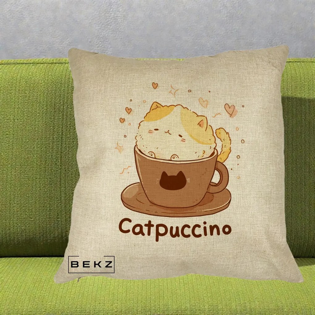Perna Decorativa Catpuccino Pisica Cappuccino, 40x40 cm, Crem, Husa Detasabila, Perna Inclusa, BEKZ®