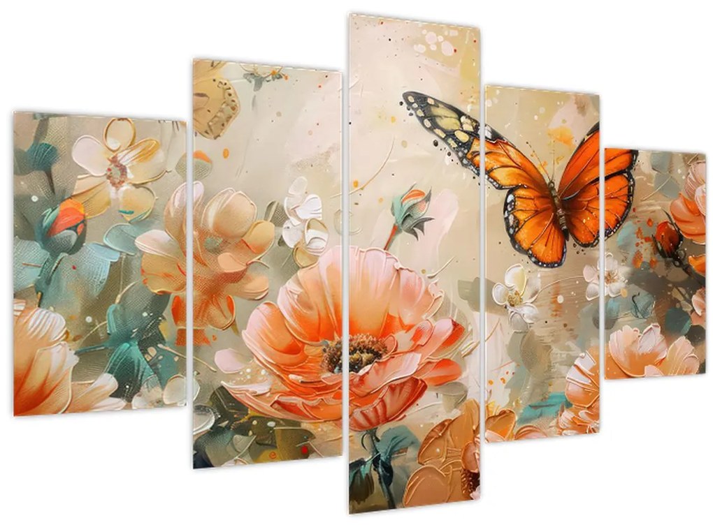 Tablou - Fluture și flori, pictură în ulei (150x105 cm)