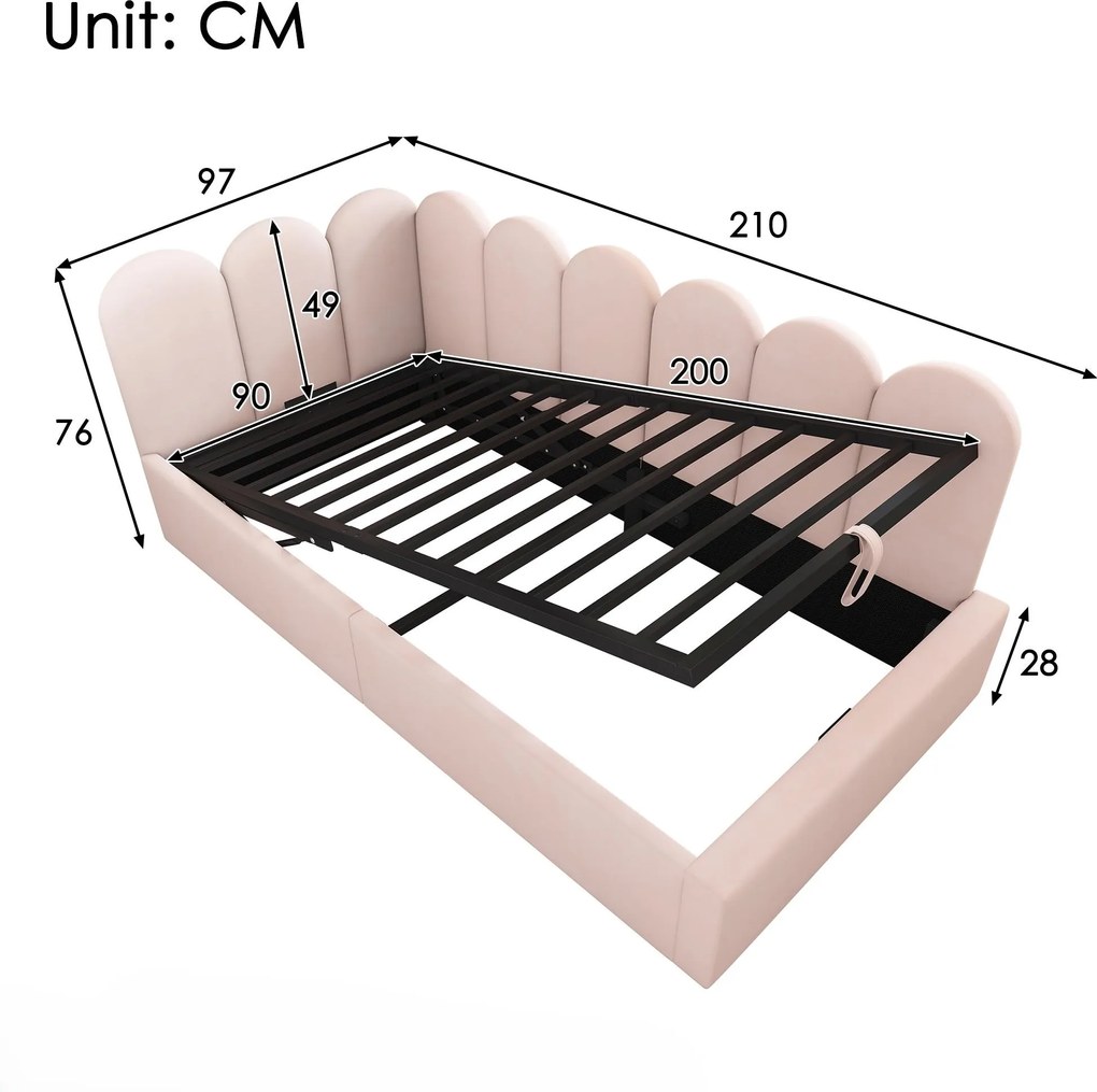 Pat de zi tapițat cu spațiu de depozitare hidraulic, tapițerie din catifea și somieră cu lamele metalice, fără saltea, 90x200 cm, Roz