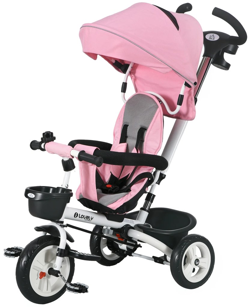 HOMCOM Triciclu pentru copii 6-in-1 cu mâner de împingere, acoperiș, centură, coș de depozitare, 18+ luni, Roz | Aosom Romania