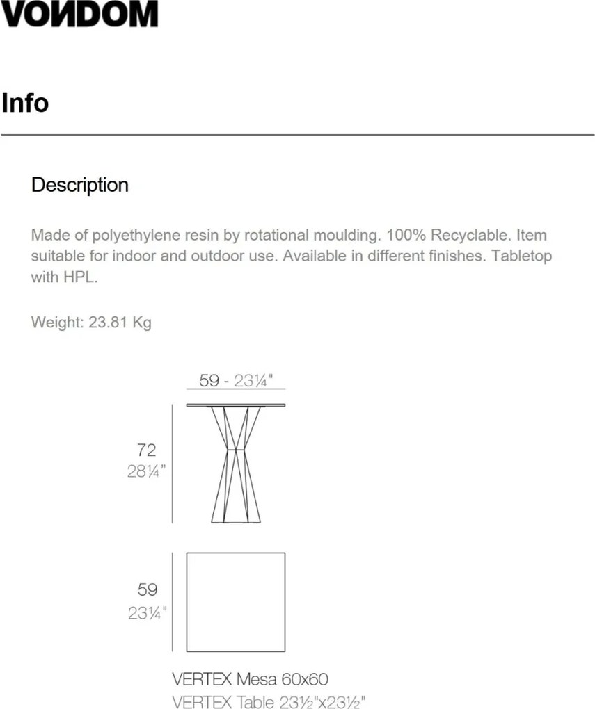 Masa de exterior / interior design modern premium VERTEX 60x60cm
