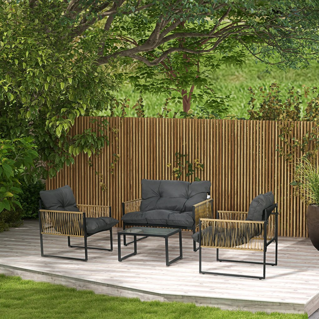 Outsunny Set mobilier grădină 4 piese canapea 2 locuri 2 fotolii și 1 măsuță blat din sticlă securizată 3 perne - gri | Aosom Romania