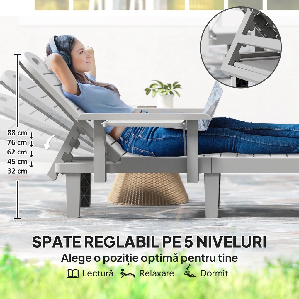 Outsunny Set 2 Șezlonguri cu Spătar Reglabil în 5 Poziții, Măsuță și Brațe Ergonomice, 79x158x88 cm, Gri | Aosom Romania
