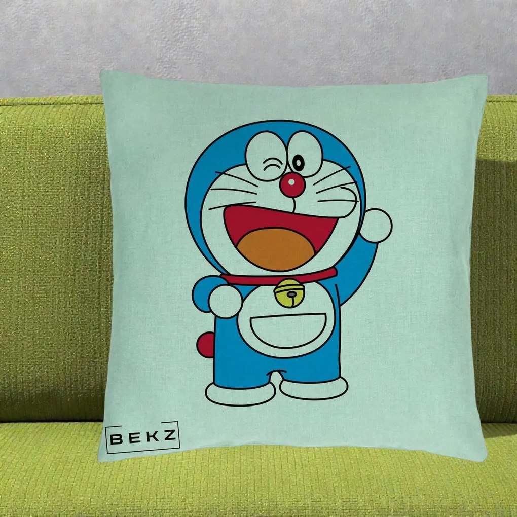 Perna Personalizata Doraemon Salutand, 40x40 cm, Verde Menta, Husa Detasabila, Perna Inclusa, BEKZ®