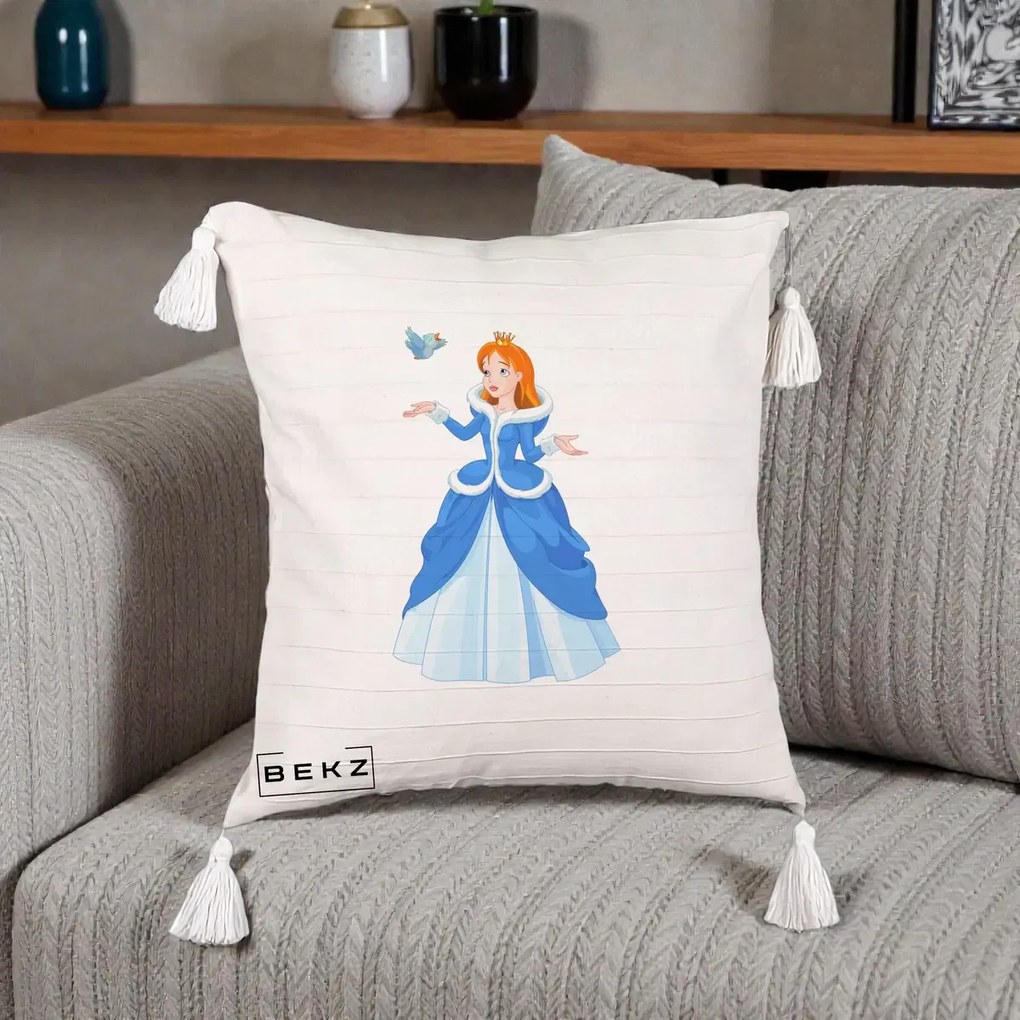 Perna Personalizata Printesa Albastra cu Pasare, 40x40 cm, Bej cu Franjuri, Husa Detasabila, Perna Inclusa, BEKZ®