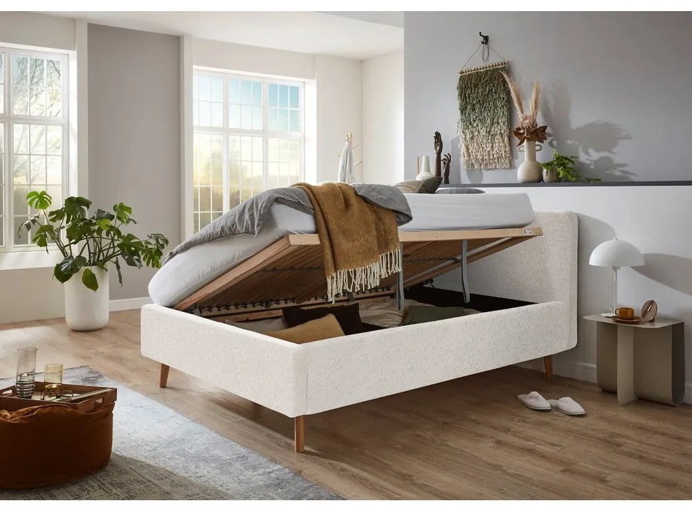 Pat matrimonial alb tapițat cu spațiu de depozitare cu somieră 140x200 cm Mattis – Meise Möbel