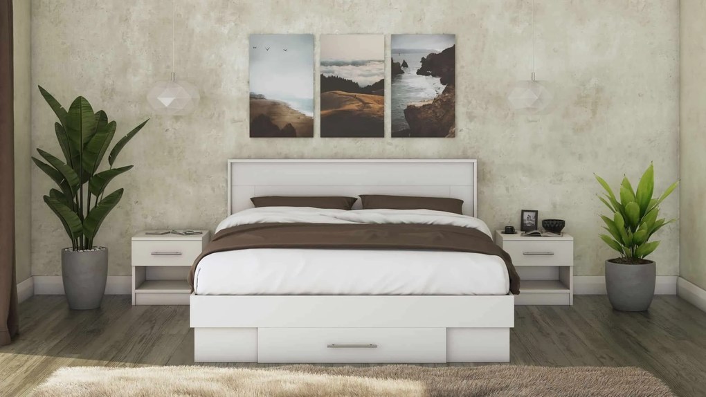 Pat Beta cu Noptiere, Alb, 160x200 cm, suport saltea inclus