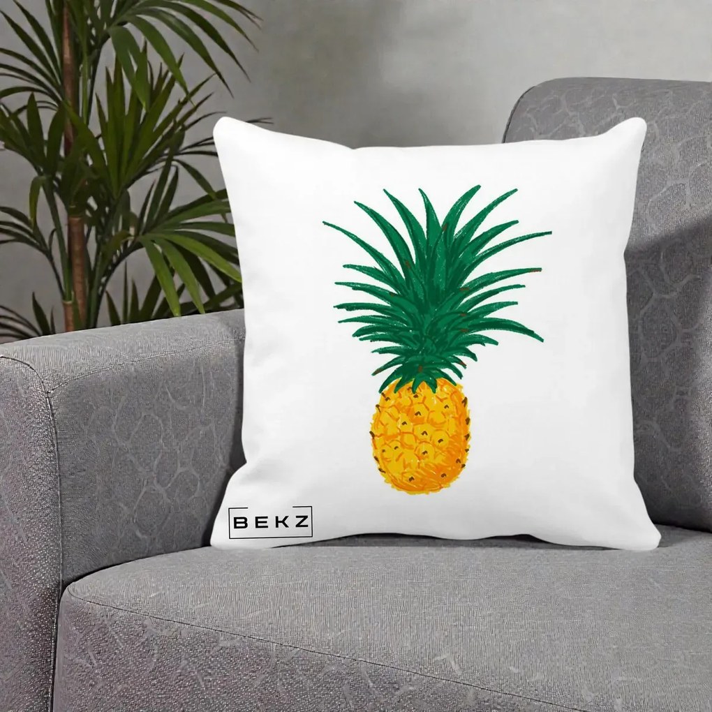 Perna Decorativa Ananas Tropical, 40x40 cm, Alba Mata, Husa Detasabila, Perna Inclusa, BEKZ®
