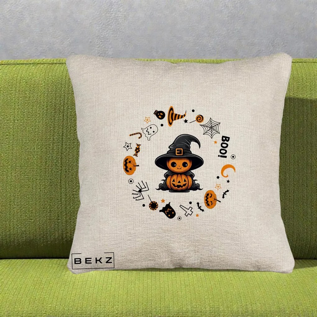 Perna Decorativa Halloween Dovleac Vrajitor Boo cu Simboluri, 40x40 cm, Bej Canapea, Husa Detasabila, Perna Inclusa, BEKZ®