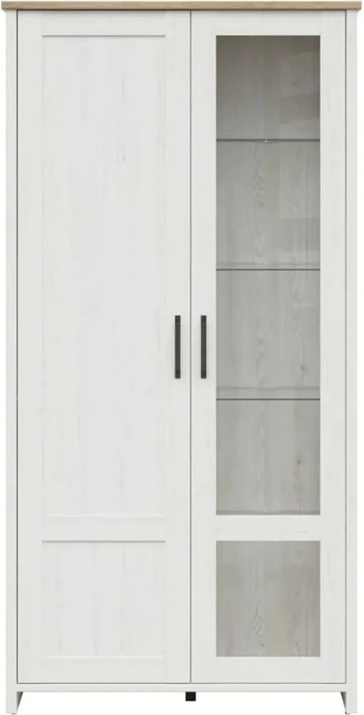 Vitrina LOKSA, pin alb/stejar grandson, PAL laminat, cu iluminare LED,