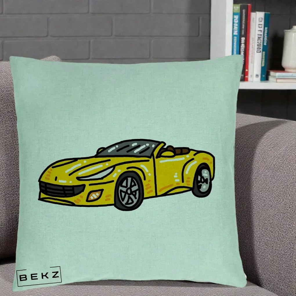 Perna Personalizata Masina Cabriolet Galbena Grafic, 40x40 cm, Verde Menta, Husa Detasabila, Perna Inclusa, BEKZ®