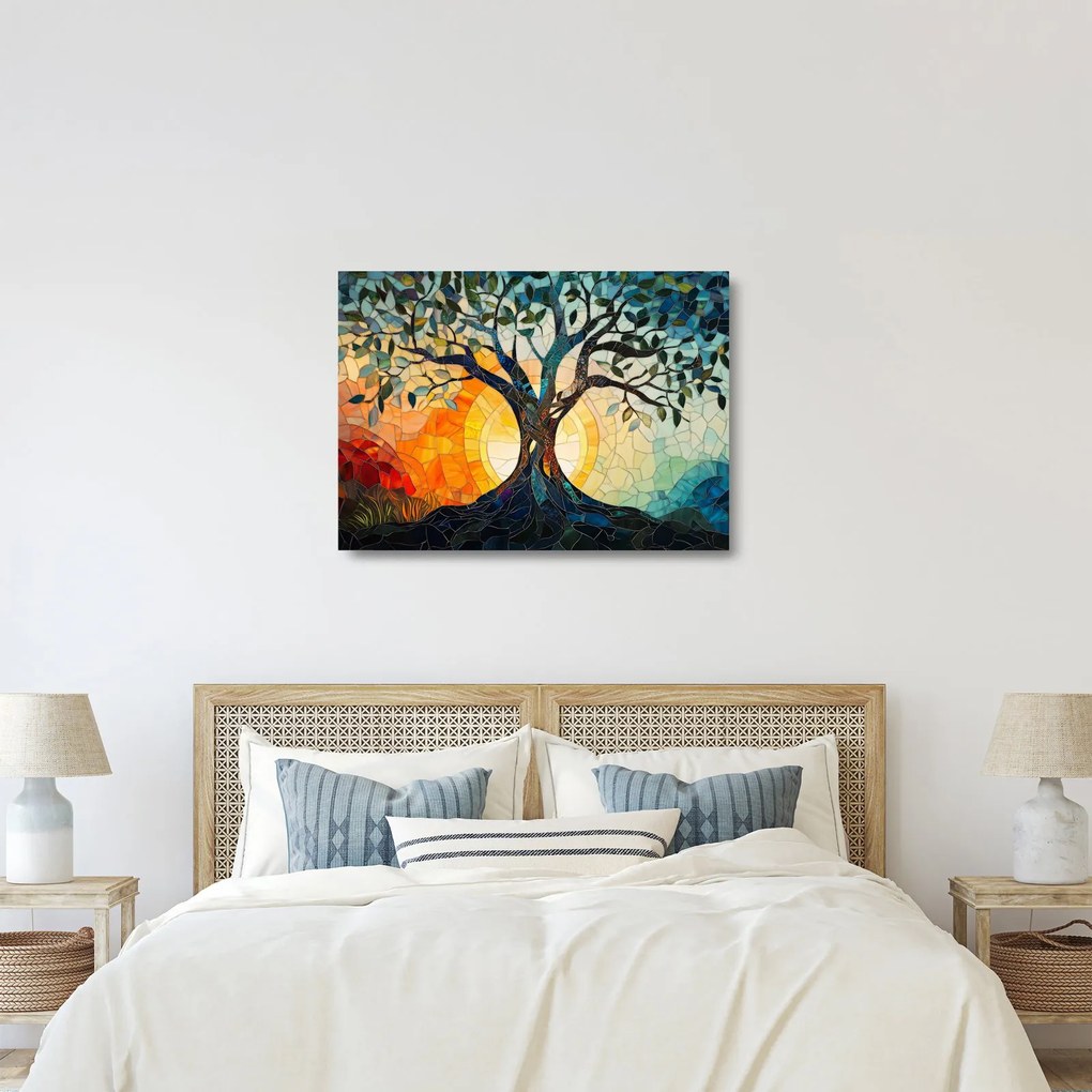 Tablou pe sticlă – Mozaic – soare și arbore I. (70x50 cm)