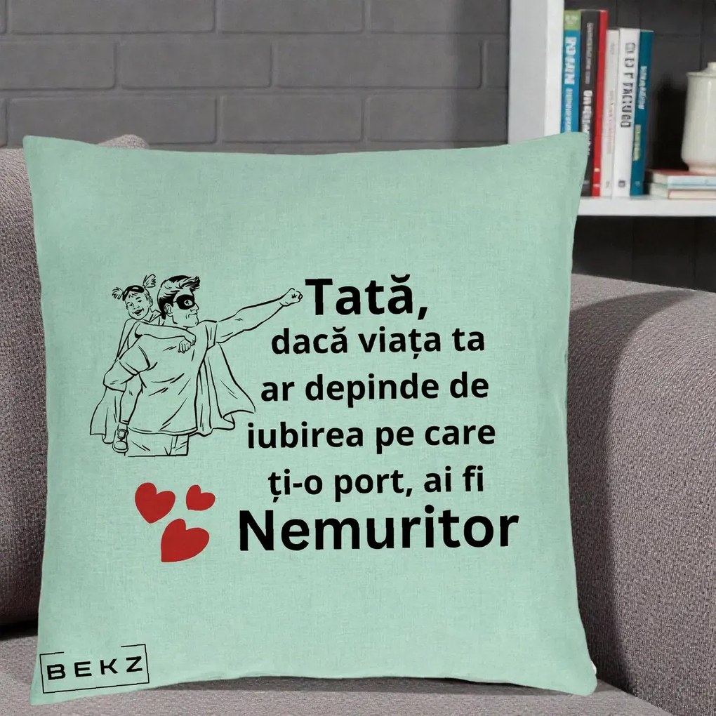 Cadou pentru Tata - Perna Personalizata Tata Nemuritor Supererou cu Masca, 40x40 cm, Verde Menta, Husa Detasabila, Perna Inclusa, BEKZ®