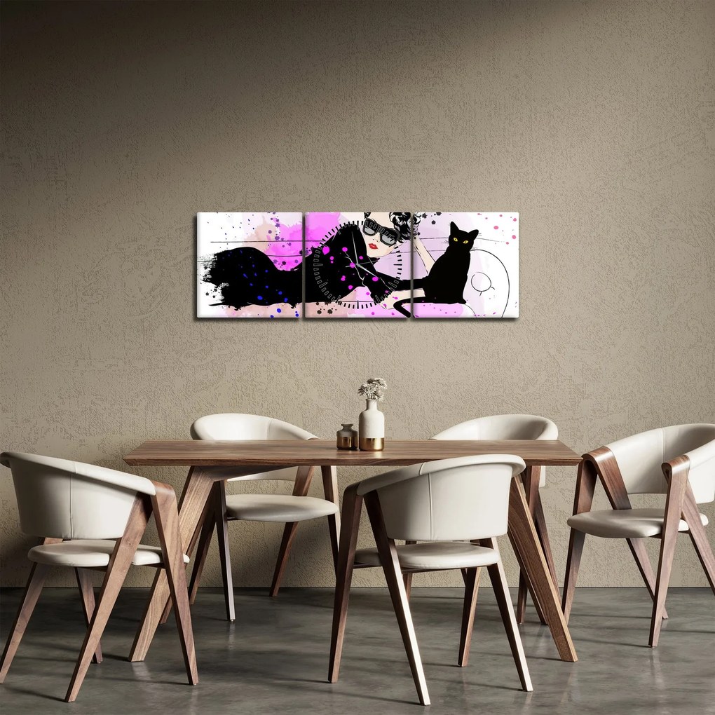 Tablou - Femeia cu pisică neagră (cu ceas) (90x30 cm)