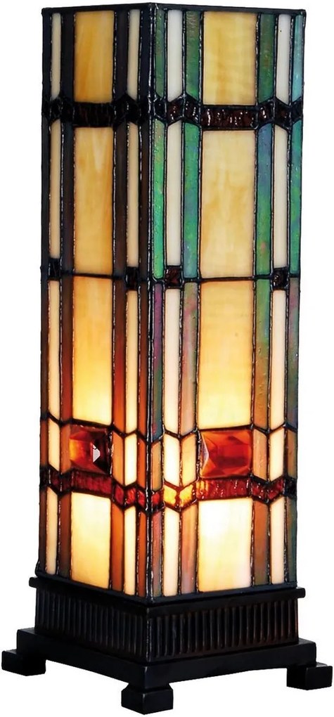 Veioza cu baza din polirasina maro si abajur din sticla Tiffany 12 cm x 12 cm x 35 h