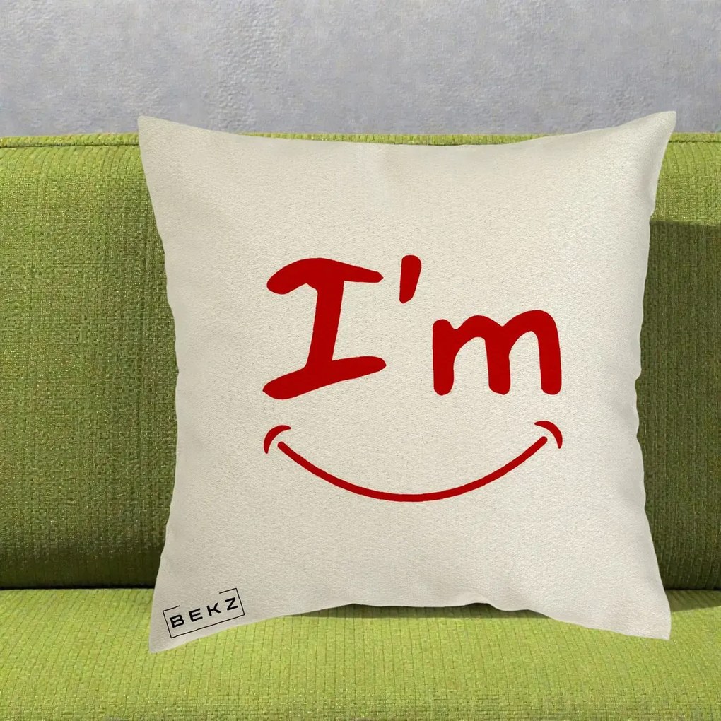 Perna Decorativa I'm Happy Smile, 40x40 cm, Ecru, Husa Detasabila, Perna Inclusa, BEKZ®