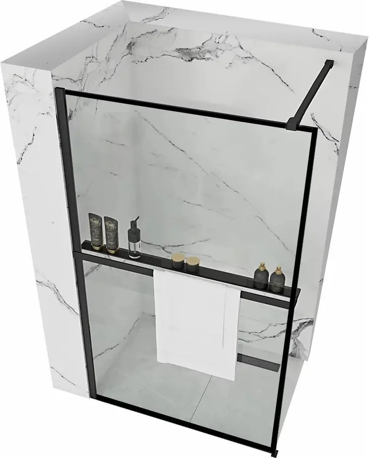 Paravan de dus tip Walk-in Rea Bler 70x195 cm si etajera cu suport negru