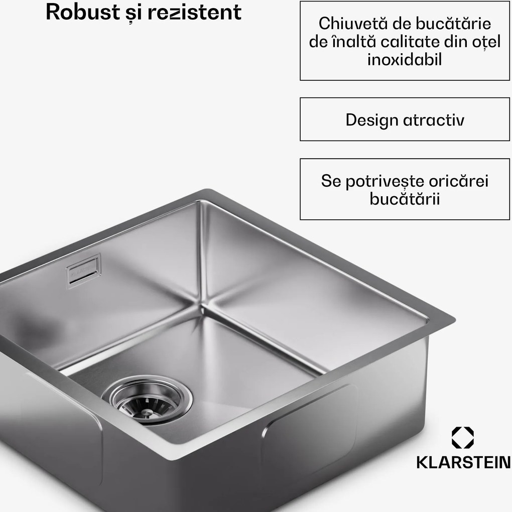 Klarstein TitanSteel Chiuvetă de bucătărie 45 x 45 cm (LxÎ) cu suprafață rezistentă la rugină, zgârieturi și căldură.