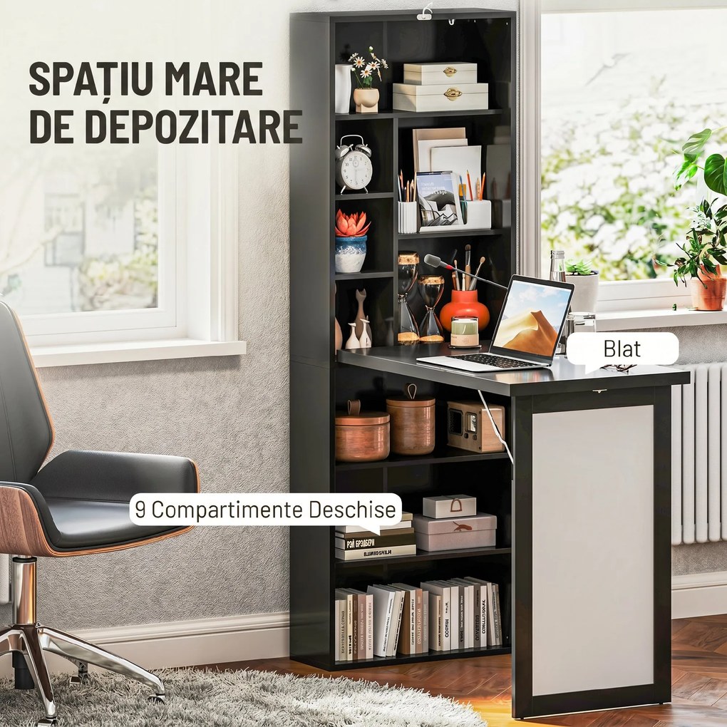 HOMCOM Birou Modern Pliabil cu Bibliotecă și Tablă, din Lemn și Metal, 98x51x153 cm, Negru | Aosom Romania