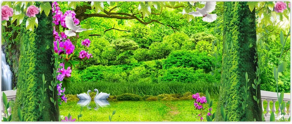 Tablou - Grădina magică cu lebede (120x50 cm)