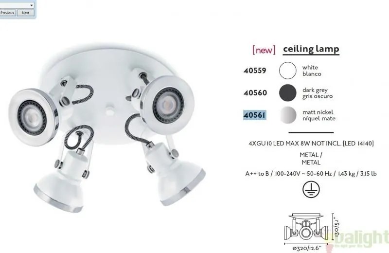 Plafoniera cu 4 spoturi cu iluminat, alb, RING 40559