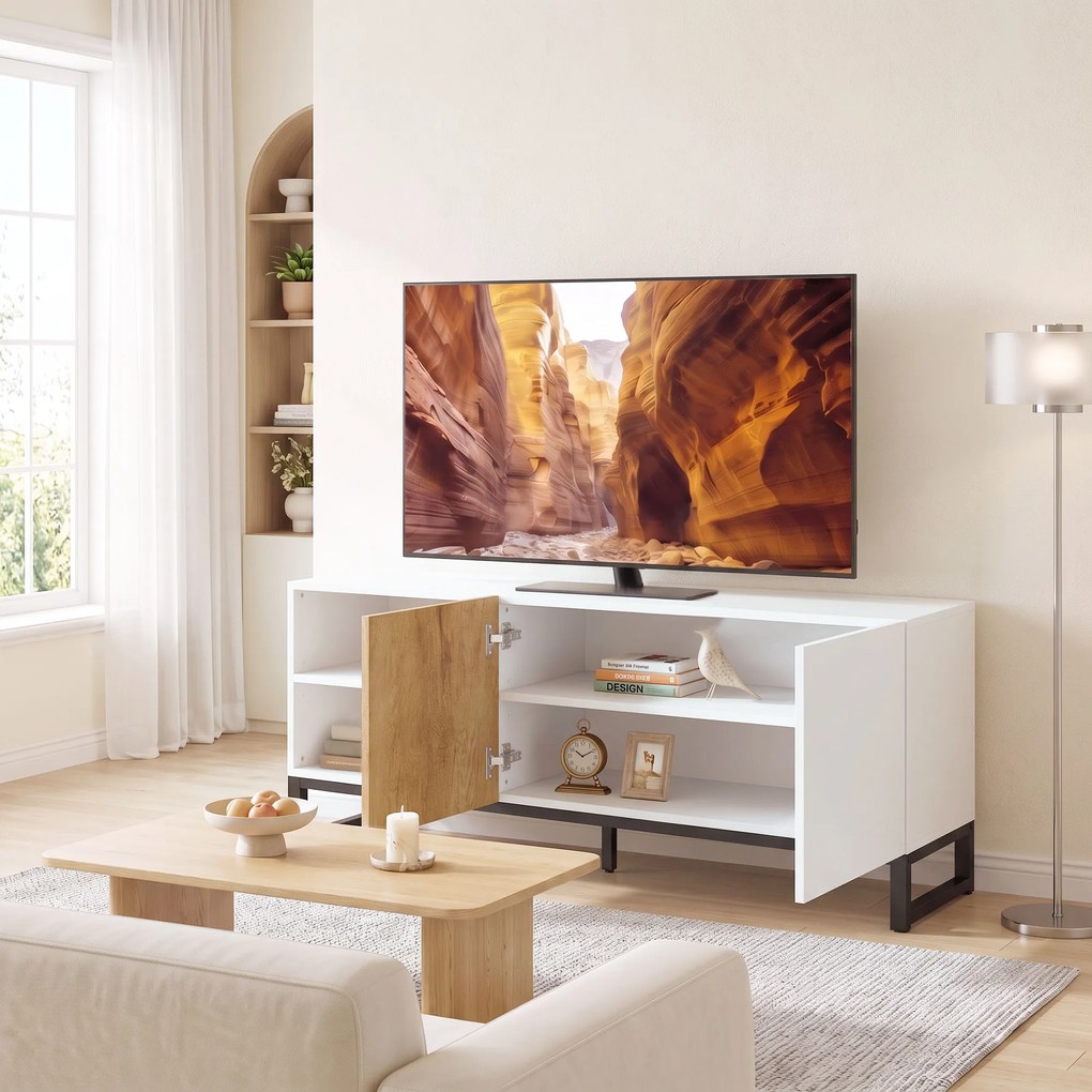 HOMCOM Comodă TV cu Rafturi Reglabile și Ușă Soft-Close, PAL și Oțel, 140x36,5x50 cm, Alb și Stejar | Aosom Romania