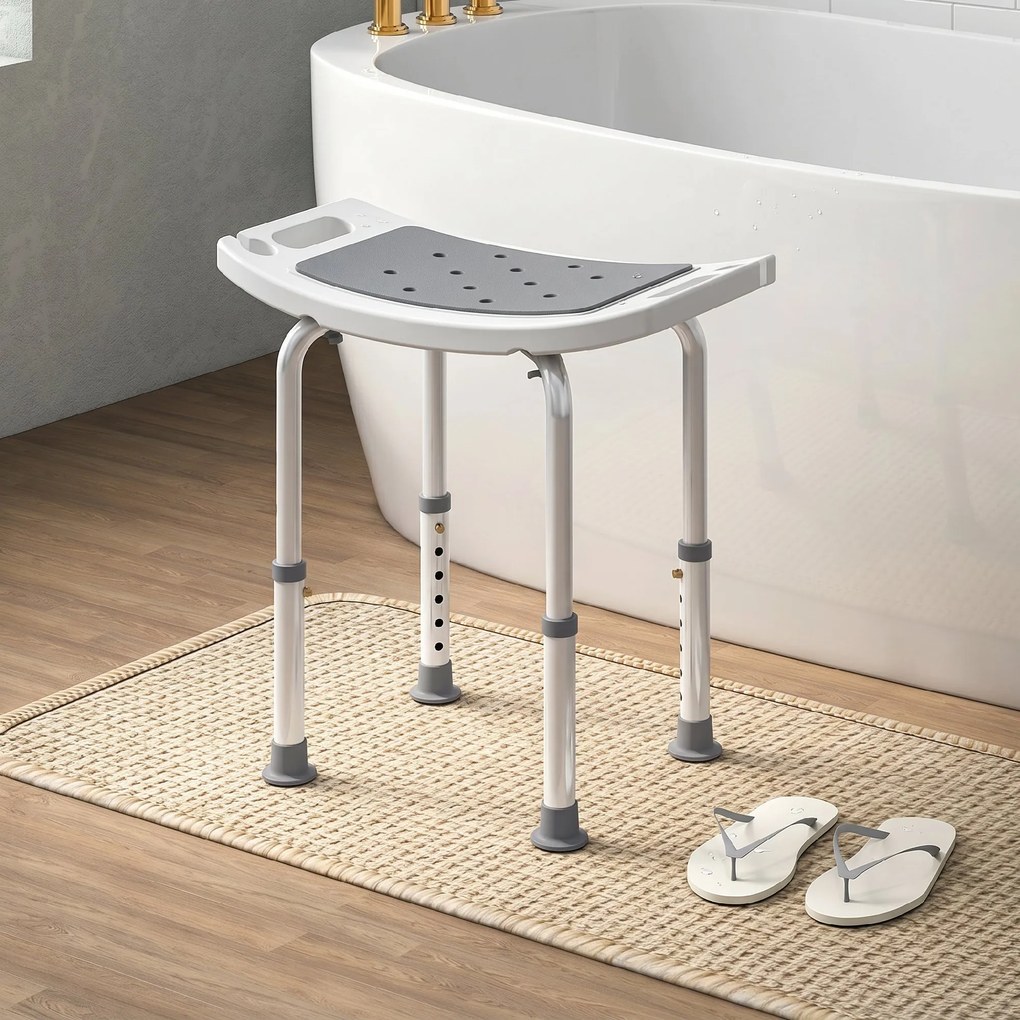 HOMCOM Scaun de Duș din Aluminiu și Plastic Antialunecare, Înălțime Reglabilă 6 Niveluri 39-52cm, Gri | Aosom Romania
