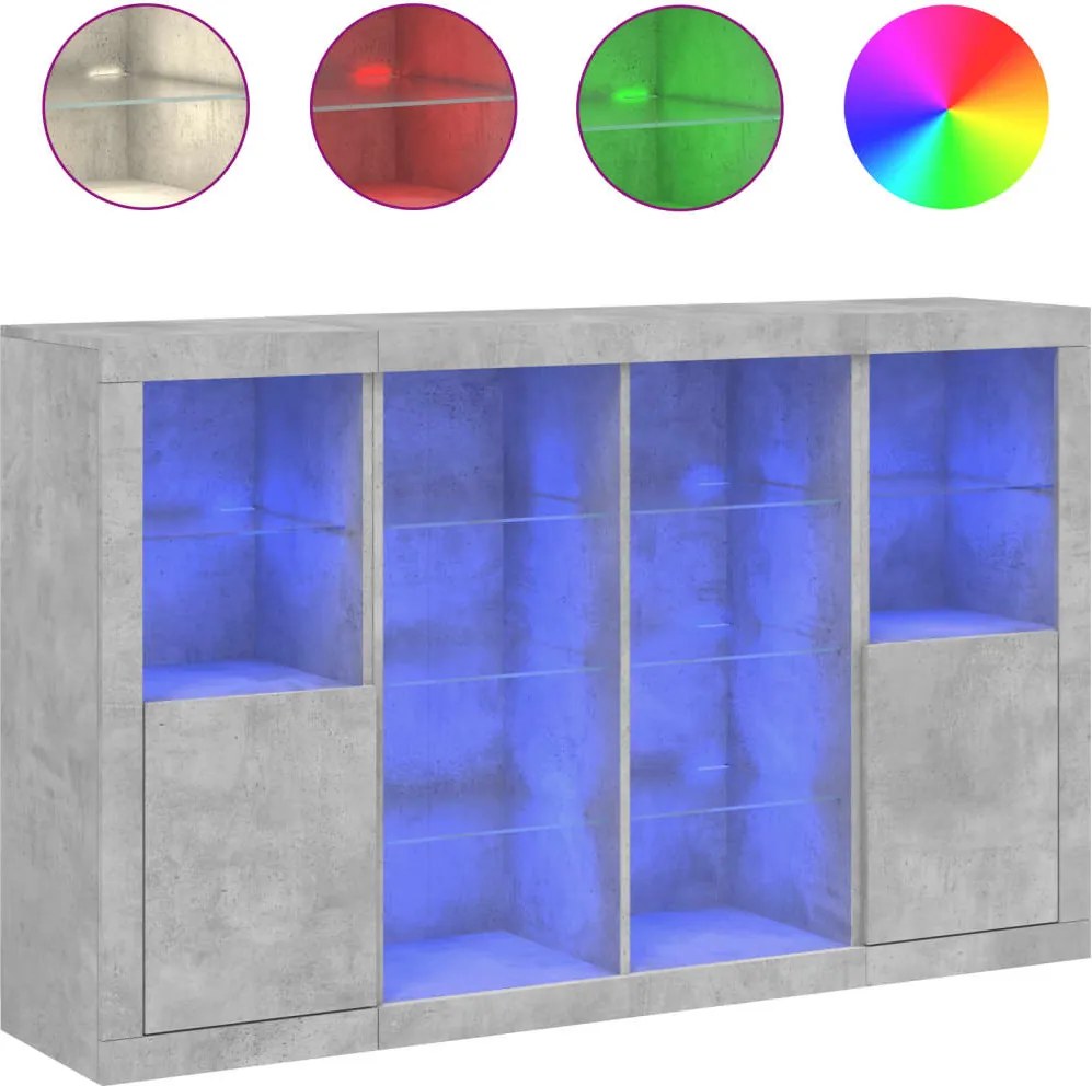 vidaXL Servantă cu lumini LED, 3 buc., gri beton, lemn prelucrat