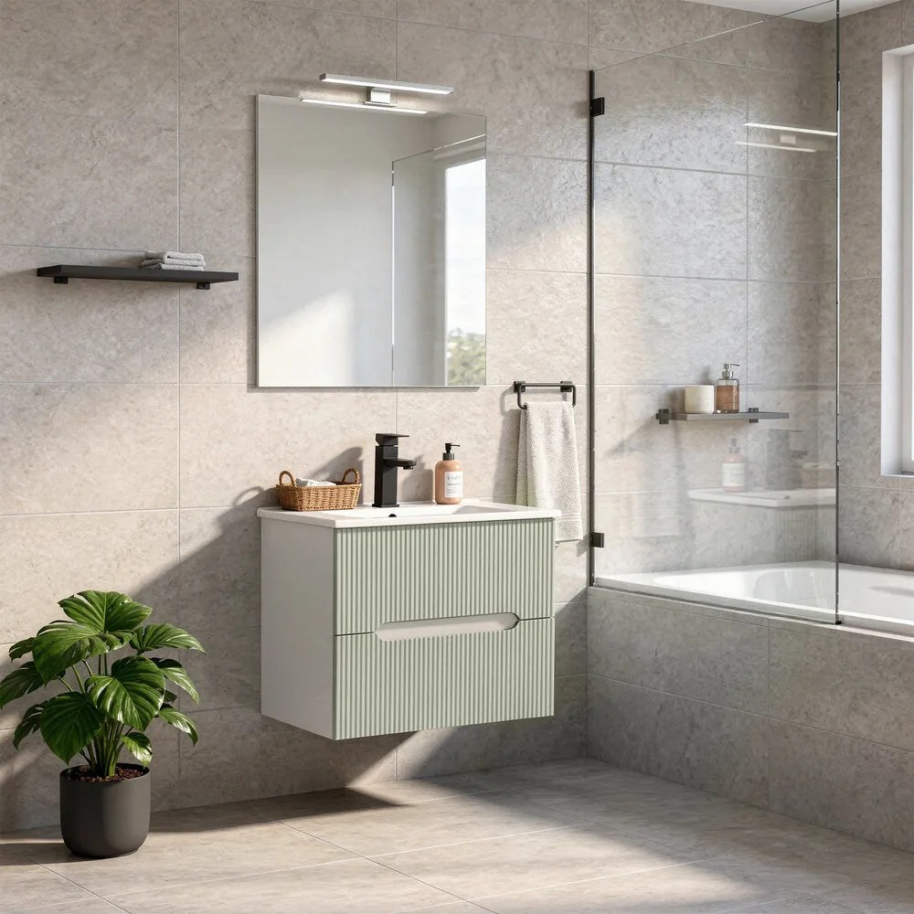 Trent mobilier de baie 60 cm lavoar ceramic (2 sertare) cu oglindă 60x80 cm alb-verde