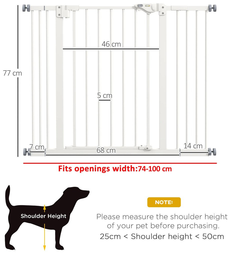 PawHut Poartă Extensibilă pentru Câini fără Șuruburi, Poartă de Siguranță Reglabilă cu 2 Extensii, 94-100 cm, Alb | Aosom Romania